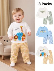 SHEIN Vintaside Kids 3pcs/Set Boys Lion Cartoon Print Long Sleeve Outfit, Energetic Style, Suitable For All Seasons, Casual Wear - Multicolor - View 3