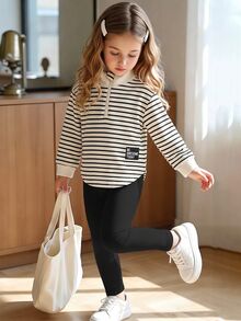 SHEIN Baby Girl Striped Half Zipper Sweatshirt And Pants Set, Cute Letter Patch Mock Neck Long Sleeve Top & Joggers Outfit, Toddler Casual Suit - Multicolor - View 8