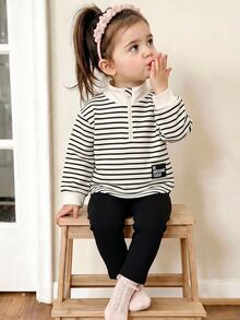 SHEIN Baby Girl Striped Half Zipper Sweatshirt And Pants Set, Cute Letter Patch Mock Neck Long Sleeve Top & Joggers Outfit, Toddler Casual Suit - Multicolor - View 9
