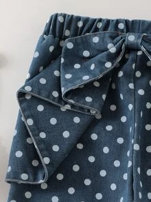 SHEIN Elladie kids Young Girl Polka Dot Denim Flare Pants High Quality Big Bowknot Ruffle Trousers For Spring Style School Play Wear, Bell Bottom Baby Blue - Blue - View 6