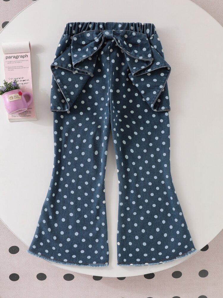 SHEIN Elladie kids Young Girl Polka Dot Denim Flare Pants High Quality Big Bowknot Ruffle Trousers For Spring Style School Play Wear, Bell Bottom Baby Blue - Blue - View 3