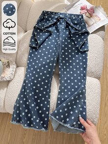 SHEIN Elladie kids Young Girl Polka Dot Denim Flare Pants High Quality Big Bowknot Ruffle Trousers For Spring Style School Play Wear, Bell Bottom Baby Blue - Blue - View 9
