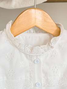 SHEIN Elladie kids Camisa casual de unicolor con mangas abullonadas y volantes para niña joven, top blanco de moda para verano, vuelta al colegio y festival de otoño - Blanco - Ver 6