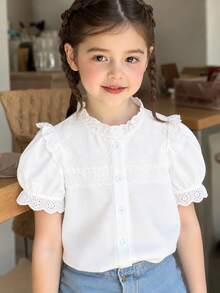 SHEIN Elladie kids Camisa casual de unicolor con mangas abullonadas y volantes para niña joven, top blanco de moda para verano, vuelta al colegio y festival de otoño - Blanco - Ver 3