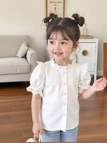 SHEIN Elladie kids Camisa casual de unicolor con mangas abullonadas y volantes para niña joven, top blanco de moda para verano, vuelta al colegio y festival de otoño - Blanco - Ver 4