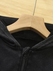 Elladie kids 女童復古公主牛仔水洗拉鍊連帽衛衣，休閒寬鬆長袖口袋外套，日常街頭風黑色秋季款 - 黑色 - 查看 5