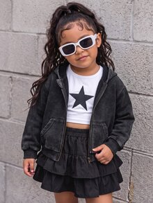 Elladie kids 女童復古公主牛仔水洗拉鍊連帽衛衣，休閒寬鬆長袖口袋外套，日常街頭風黑色秋季款 - 黑色 - 查看 3