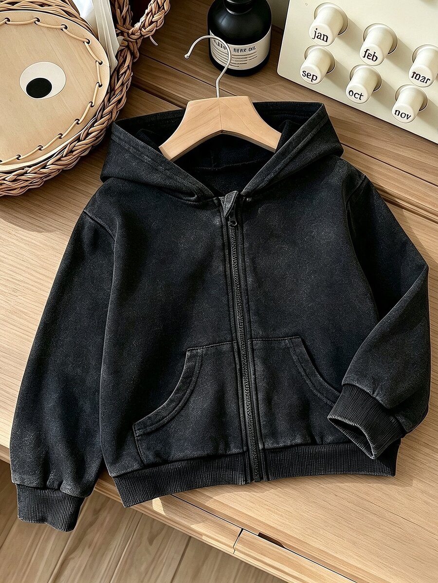 Elladie kids 女童復古公主牛仔水洗拉鍊連帽衛衣,休閒寬鬆長袖口袋外套,日常街頭風黑色秋季款 - 黑色 - 查看 1