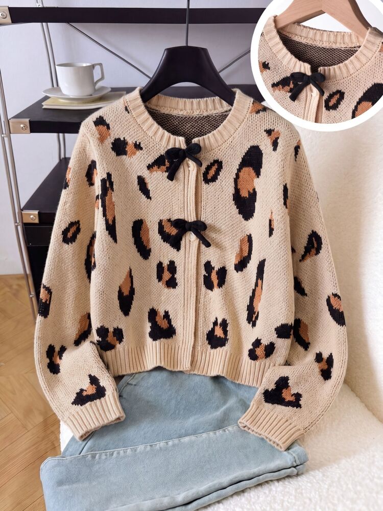 SHEIN Back-To-School Cute Beige Animal Print Knitted Cardigan Sweater For Tween Girls Bow Button Accents Long Sleeve Soft Autumn Khaki School Wear Farewell - Apricot - View 3