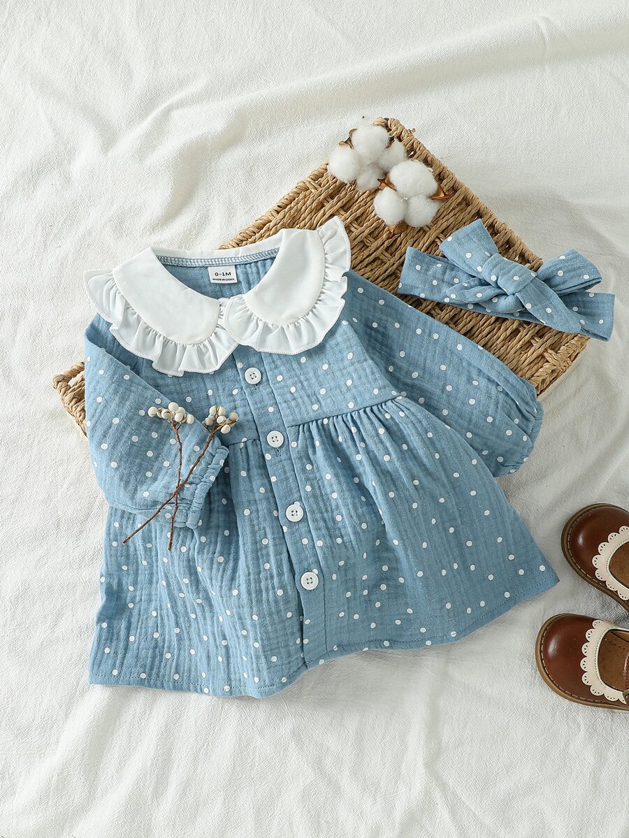 SHEIN Vintaside Kids Newborn Blue Dress, Autumn/Winter New Style, 0-12M, White Peter Pan Collar With White Polka Dot Print, Blue Body With Ruffled Fabric, Cute And Full Of Charm, Suitable For Outings, Play And Multiple Occasions - Baby Blue - View 1
