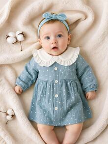SHEIN Vintaside Kids Newborn Blue Dress, Autumn/Winter New Style, 0-12M, White Peter Pan Collar With White Polka Dot Print, Blue Body With Ruffled Fabric, Cute And Full Of Charm, Suitable For Outings, Play And Multiple Occasions - Baby Blue - View 3