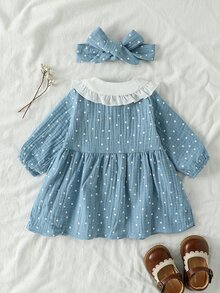 SHEIN Vintaside Kids Newborn Blue Dress, Autumn/Winter New Style, 0-12M, White Peter Pan Collar With White Polka Dot Print, Blue Body With Ruffled Fabric, Cute And Full Of Charm, Suitable For Outings, Play And Multiple Occasions - Baby Blue - View 2