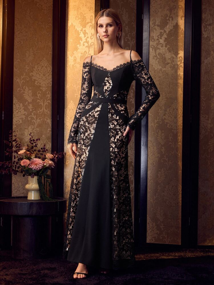 MOTF Soiréza WOMEN'S LACE PATCHWORK SQUARE NECK ELEGANT DRESS - Black - View 4