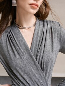 MOTF PREMIUM WOMEN'S GREY RUCHED LONG SLEEVE BODYSUIT FOR VACATION AND TRAVEL - Grey - View 6