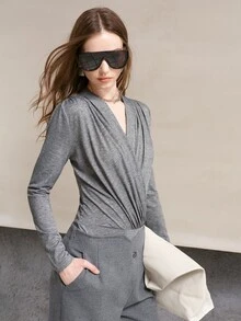 MOTF PREMIUM WOMEN'S GREY RUCHED LONG SLEEVE BODYSUIT FOR VACATION AND TRAVEL - Grey - View 7