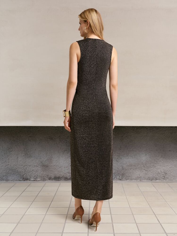 MOTF PREMIUM WOMEN'S SHINY FABRIC SLIM FIT ELEGANT SLEEVELESS MIDI DRESS - Black - View 5