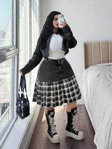 Jeanoix Y2K Plus Size Women's Non-Stretch Denim Skirt Black Cow Patchwork Plaid Denim Pleated Design Cowboy Outfits For Women - Dark Grey - View 8