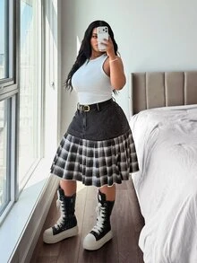 Jeanoix Y2K Plus Size Women's Non-Stretch Denim Skirt Black Cow Patchwork Plaid Denim Pleated Design Cowboy Outfits For Women - Dark Grey - View 5