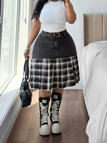 Jeanoix Y2K Plus Size Women's Non-Stretch Denim Skirt Black Cow Patchwork Plaid Denim Pleated Design Cowboy Outfits For Women - Dark Grey - View 6