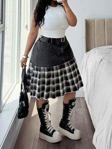 Jeanoix Y2K Plus Size Women's Non-Stretch Denim Skirt Black Cow Patchwork Plaid Denim Pleated Design Cowboy Outfits For Women - Dark Grey - View 7