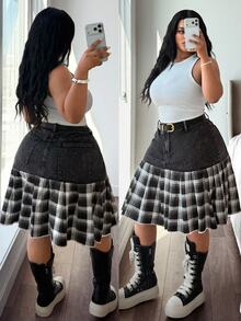 Jeanoix Y2K Plus Size Women's Non-Stretch Denim Skirt Black Cow Patchwork Plaid Denim Pleated Design Cowboy Outfits For Women - Dark Grey - View 2