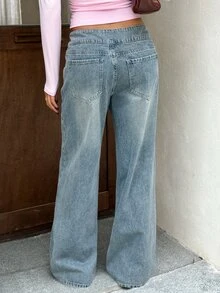 Rivivi 女款休閒 Y2K 街頭風百搭日常寬腿牛仔褲 外出穿著 淺藍色 秋季 - 深色水洗藍 - 查看 2