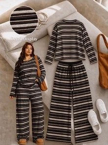 Elaquor Plus Size Casual Traditional Lounge Formal Black Crew Neck Long Sleeve Top And Pants 2 Pieces Set, Lounge Sets For Women Autumn Vacation - Multicolor - View 10