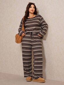 Elaquor Plus Size Casual Traditional Lounge Formal Black Crew Neck Long Sleeve Top And Pants 2 Pieces Set, Lounge Sets For Women Autumn Vacation - Multicolor - View 7