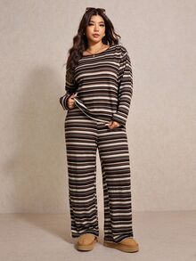 Elaquor Plus Size Casual Traditional Lounge Formal Black Crew Neck Long Sleeve Top And Pants 2 Pieces Set, Lounge Sets For Women Autumn Vacation - Multicolor - View 11