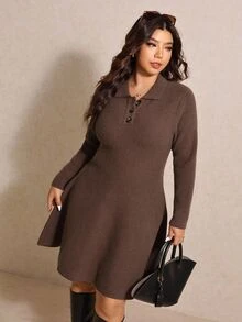 Elaquor Plus Size Elegant Chocolate Brown Autumn Minimalist Collared A-Line Knit Sweater Dress,Everyday Casual Thick Curve Winter Dresses Fall/Winter - Coffee Brown - View 9