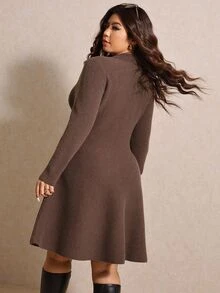 Elaquor Plus Size Elegant Chocolate Brown Autumn Minimalist Collared A-Line Knit Sweater Dress,Everyday Casual Thick Curve Winter Dresses Fall/Winter - Coffee Brown - View 3