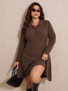 Elaquor Plus Size Elegant Chocolate Brown Autumn Minimalist Collared A-Line Knit Sweater Dress,Everyday Casual Thick Curve Winter Dresses Fall/Winter - Coffee Brown - View 10