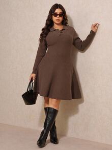 Elaquor Plus Size Elegant Chocolate Brown Autumn Minimalist Collared A-Line Knit Sweater Dress,Everyday Casual Thick Curve Winter Dresses Fall/Winter - Coffee Brown - View 6