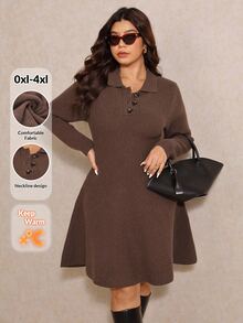 Elaquor Plus Size Elegant Chocolate Brown Autumn Minimalist Collared A-Line Knit Sweater Dress,Everyday Casual Thick Curve Winter Dresses Fall/Winter - Coffee Brown - View 5