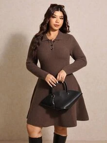 Elaquor Plus Size Elegant Chocolate Brown Autumn Minimalist Collared A-Line Knit Sweater Dress,Everyday Casual Thick Curve Winter Dresses Fall/Winter - Coffee Brown - View 4
