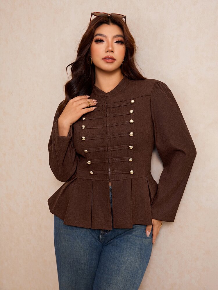 Elaquor Plus Size Women's Long Sleeve Button Design Pleated Hem Casual Jacket Fall - Chocolate Brown - View 6