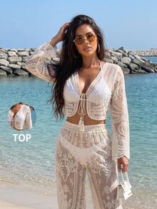 Swim SXY 女士纯色网纱新款夏季短袖沙滩休闲度假泳衣罩衫和服 - 杏色 - 查看 4