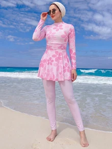 Swim Shayni 2pcs Floral Print Full Coverage Long Sleeve Long Top And Solid Color Long Pants Burkini Swimwear Set For Women - Pink - View 3