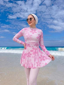 Swim Shayni 2pcs Floral Print Full Coverage Long Sleeve Long Top And Solid Color Long Pants Burkini Swimwear Set For Women - Pink - View 4