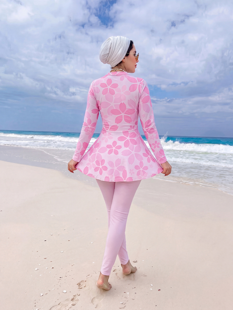 Swim Shayni طقم بوركيني سباحة للنساء من قطعتين: توب طويل بأكمام طويلة وطباعة زهرية مع تغطية كاملة، وبنطال طويل بلون سادة - وردي - مشاهدة 2