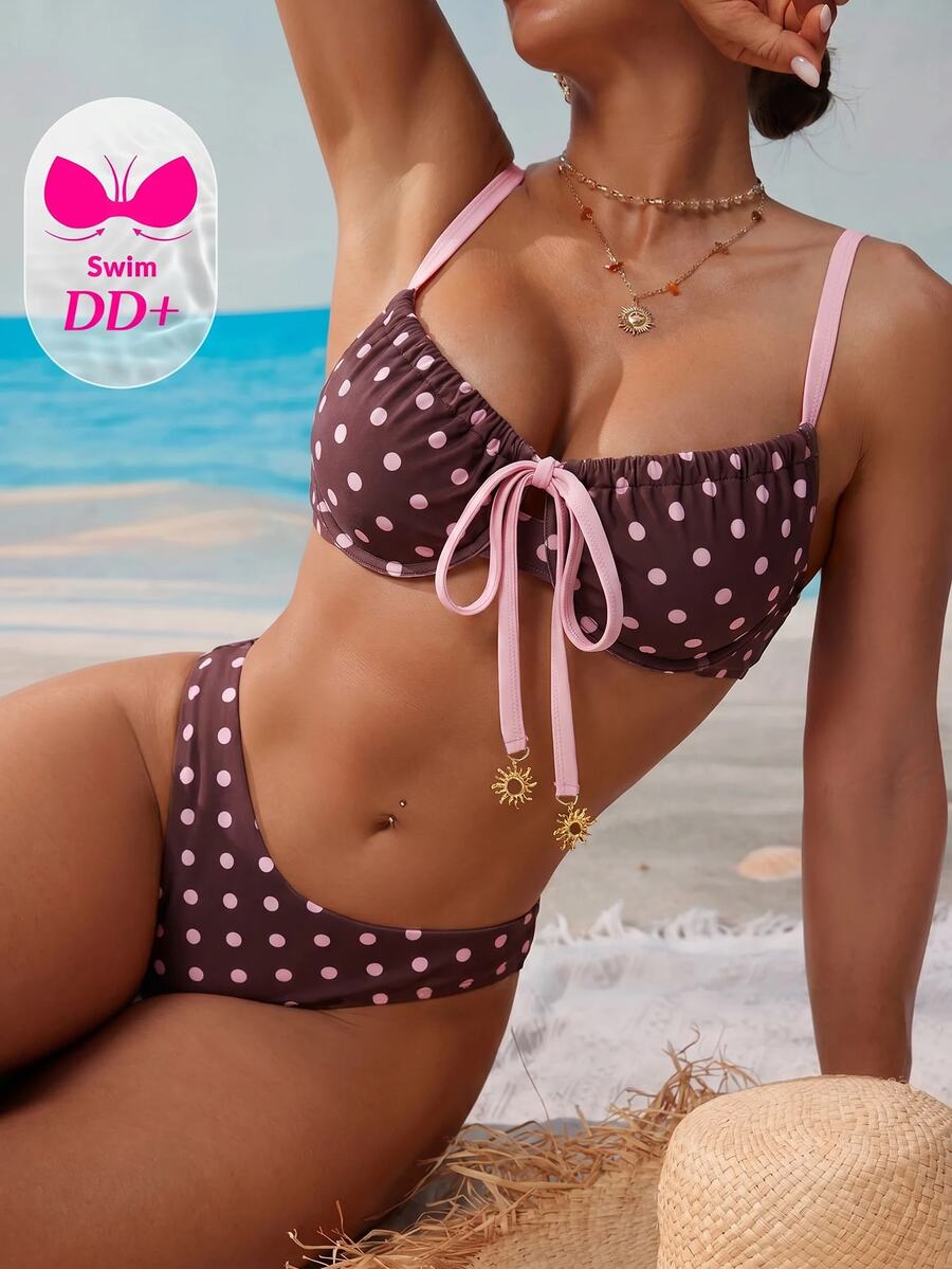 Voyashape Women's Summer Beach Polka Dot Ruched Spaghetti Strap Bikini And Triangle Bottom Two-Piece Swimwear Set - Multicolor - View 1