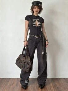 Bloopia Fashionable Women's Black And Silver Hollow Out Top Going Out Summer Y2k - Black - View 7