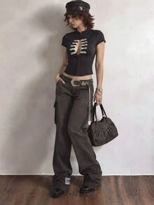 Bloopia Fashionable Women's Black And Silver Hollow Out Top Going Out Summer Y2k - Black - View 1
