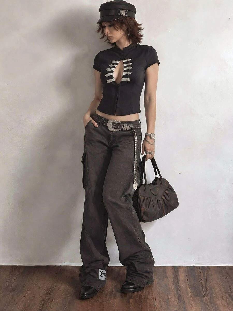 Bloopia Fashionable Women's Black And Silver Hollow Out Top Going Out Summer Y2k - Black - View 1