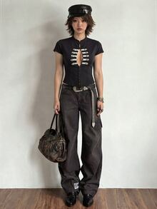 Bloopia Fashionable Women's Black And Silver Hollow Out Top Going Out Summer Y2k - Black - View 4