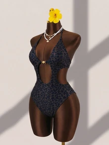 SHEIN Swim Women's Summer Beach Holiday Metal Decor Cut-Out Sexy High-Cut Leopard Print One-Piece Swimsuit - Multicolor - View 8