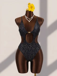 SHEIN Swim Women's Summer Beach Holiday Metal Decor Cut-Out Sexy High-Cut Leopard Print One-Piece Swimsuit - Multicolor - View 5