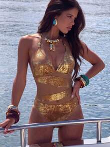 SHEIN Swim Women's Summer Beach Holiday Metal Decor V-Neck Sexy Sheer One-Piece Swimsuit - Brown - View 1