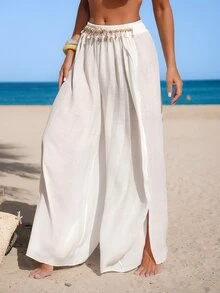 SHEIN Swim 女款素色貝殼與海星裝飾開衩設計休閒度假罩衫裙 - 白色 - 查看 5