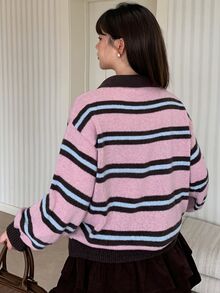 Dazy Plus Color Block Striped Loose Long Sleeve Polo Neck Pullover Knit Sweater Casual Girl Autumn/Winter - Pink - View 2